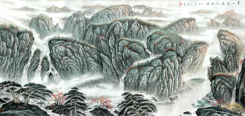 青山飞瀑入河图280cm x 120cm
