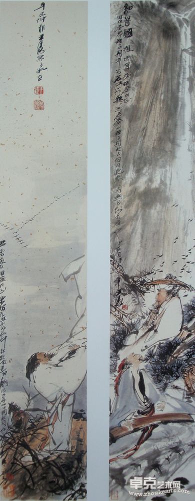 东坡问月（左）知音图（右）136X23.5cm