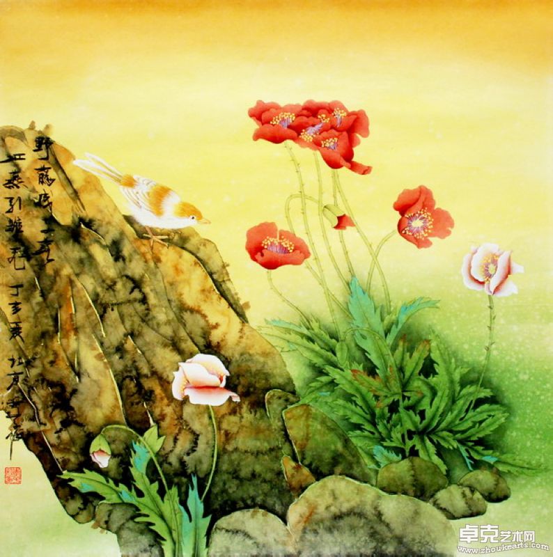 花卉斗方 野花成子落 江燕引雏飞 70x70cm
