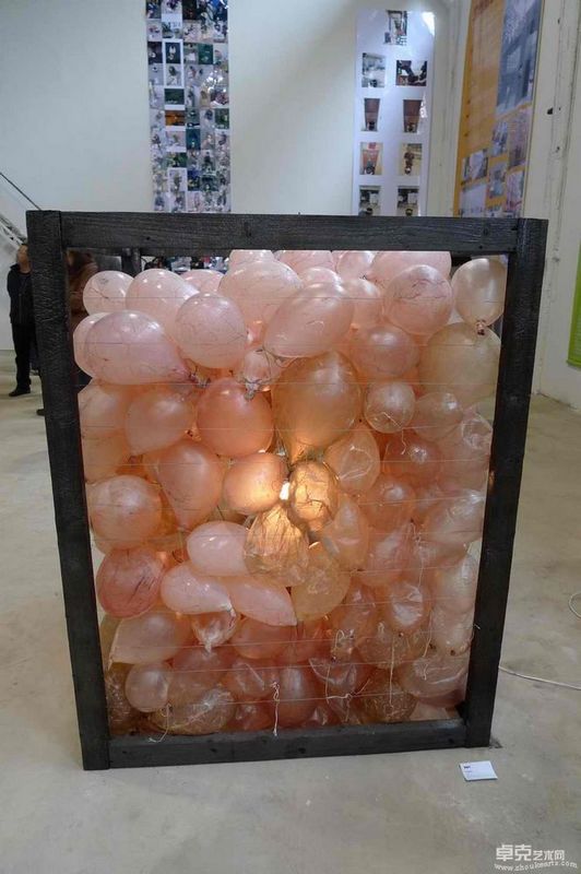 装置作品《容器 》 熊康华 材料：充气猪尿包 木碳 铁丝 等  120X120X150CM  2010年