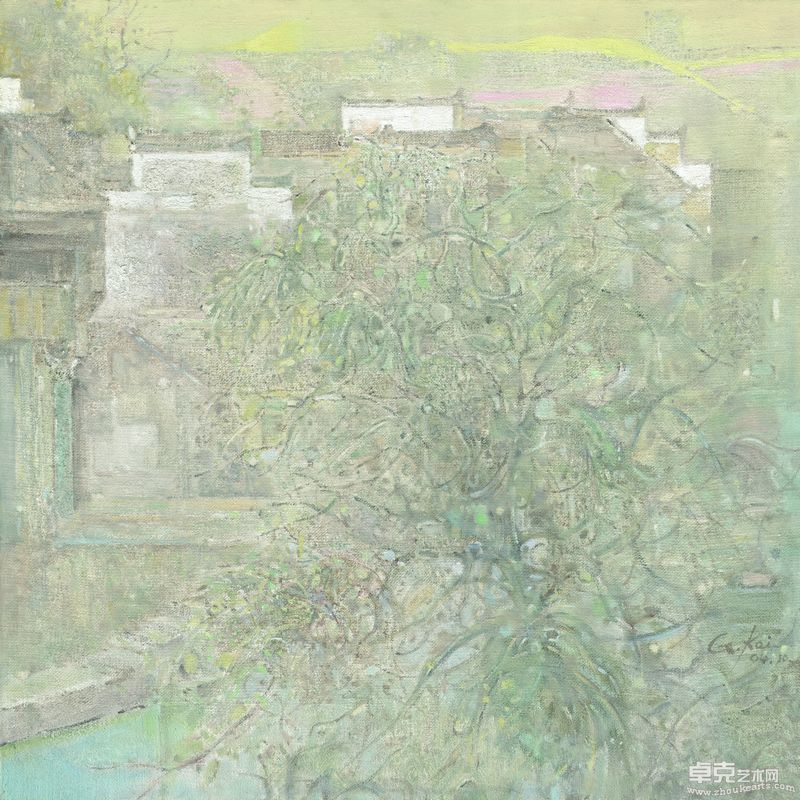 沱川堤上、布面油画、60×60CM、2004年