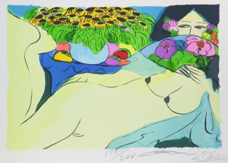 丁雄泉   花扇89×60cm内框 外框114×88cm    版次200分之175  1985年