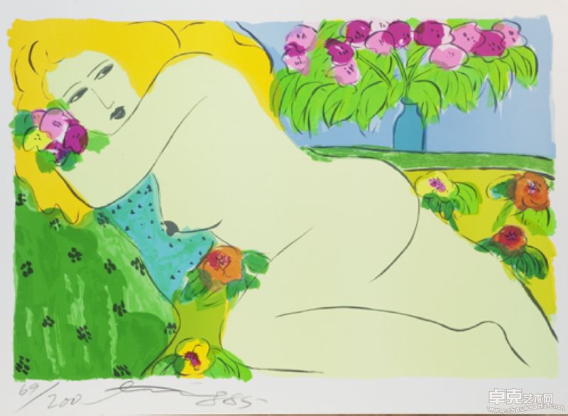 丁雄泉 绿布上的金发女郎  90×60cm内框   外框114×88cm    版次200分之69 1985年