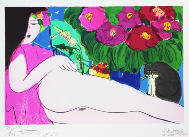 丁雄泉 蚱蜢扇 90×60cm内框  外框114×88cm   版次200分之75 1985年