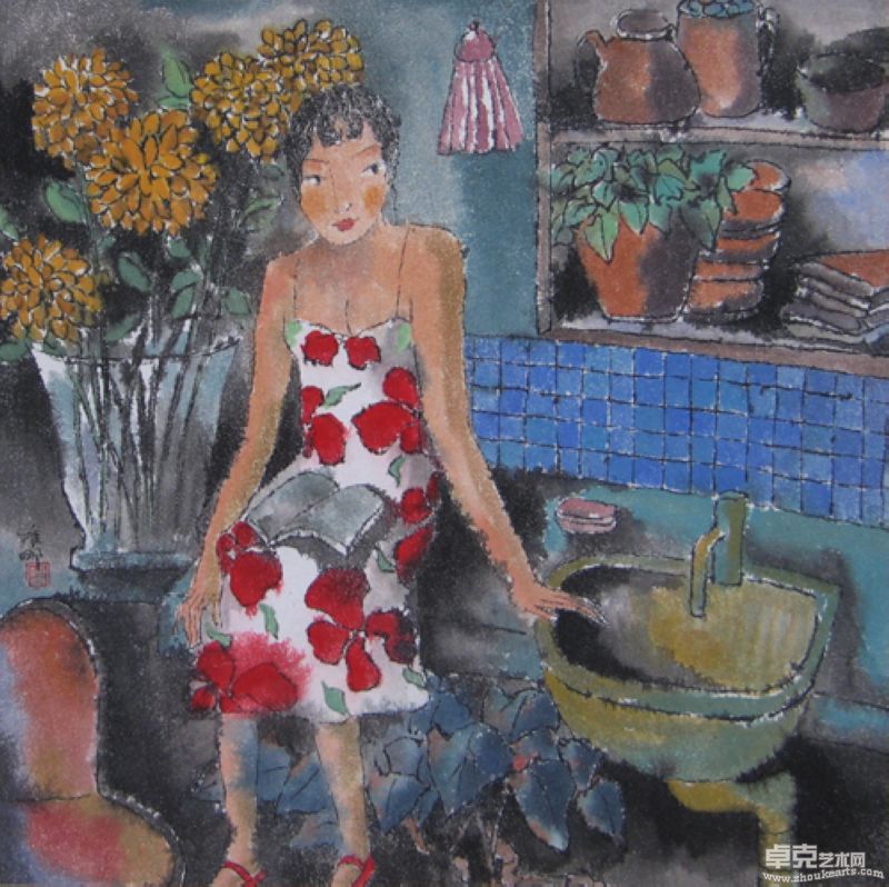 何唯娜  读书的女子 66.5×66.5cm （内框）88×88cm（外框） 纸本水墨