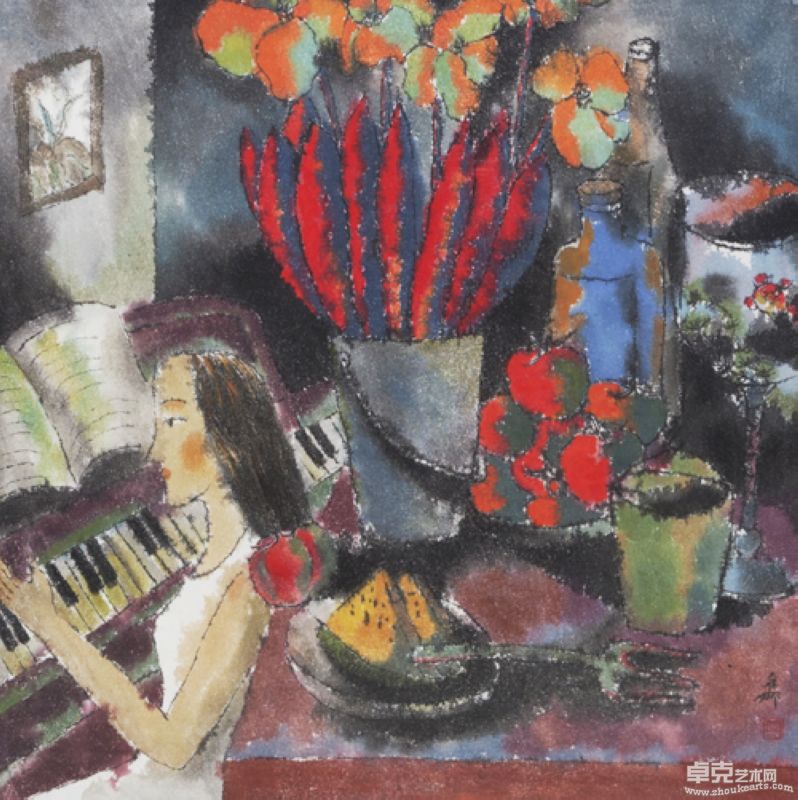 何唯娜 弹琴的女子   66.5×66.5cm （内框）88×88cm（外框） 纸本水墨