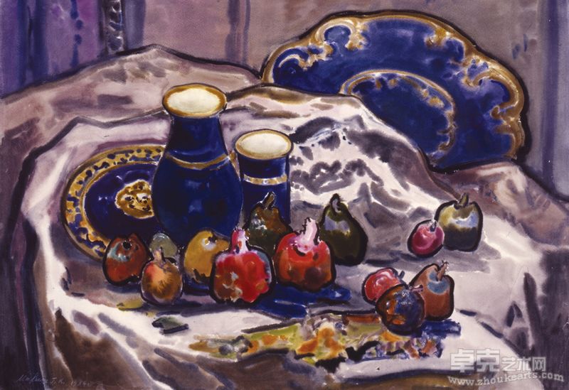 马雷斯Malysh花瓶水果Flower Vases and Fruits72.2X102.5cm纸上水彩Watercolor on Paper1984