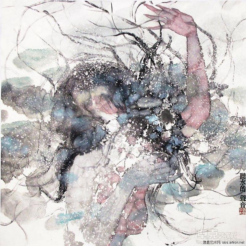 蔡焕彬 听水-之一 69×69cm 水墨、丙烯、国画颜料、生宣纸