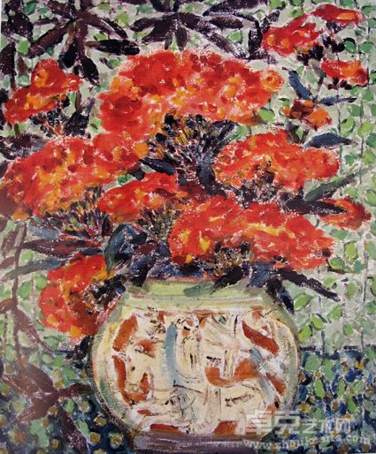 庞薰琹  鸡冠花与吊兰   油画  1983年