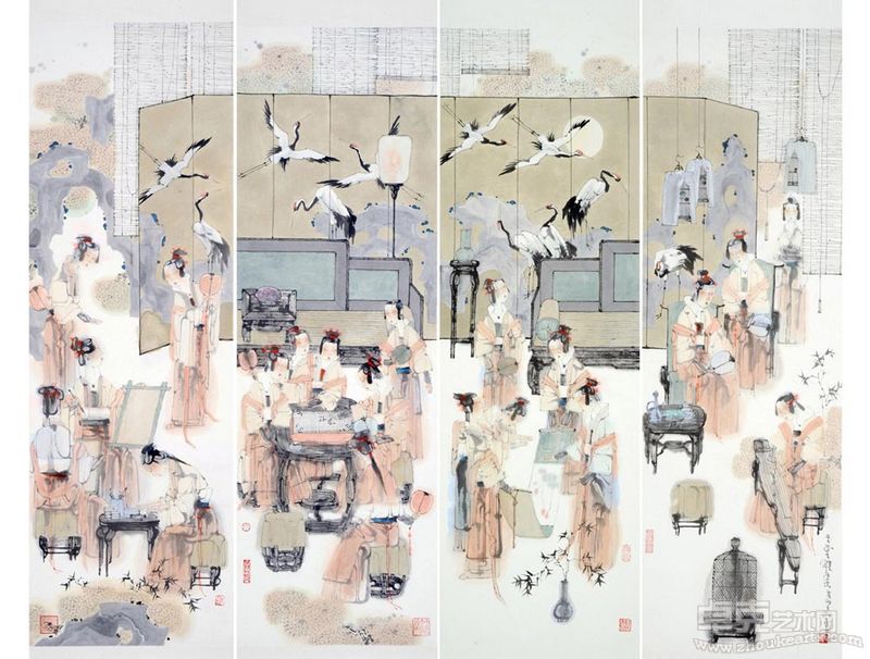 丁筱芳 玉堂雅集（4条屏） （104×34cm）×4幅
