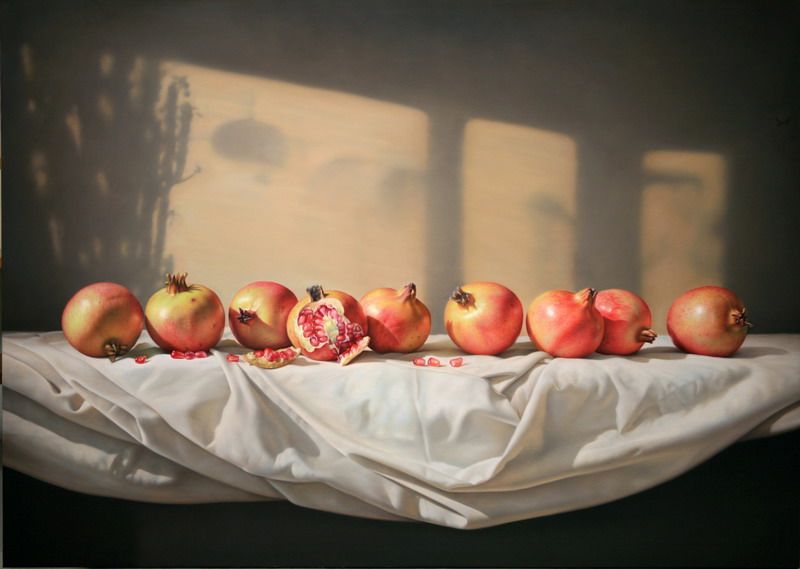 白衬布上的石榴100x140cm Pomegranates on the white cloth