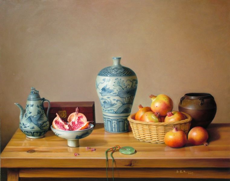 青花瓷与石榴100x80cm The blue and white porcelain and the pomegranates