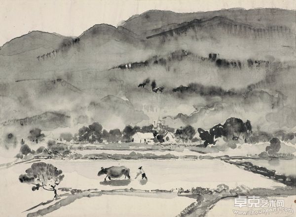 中国的水稻田 水墨画 20x27.5cm 1957