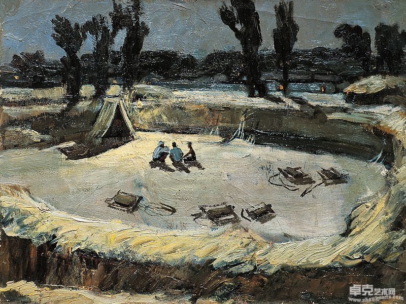 打麦场上色彩稿    纸板油画    30X39.7cm  1964