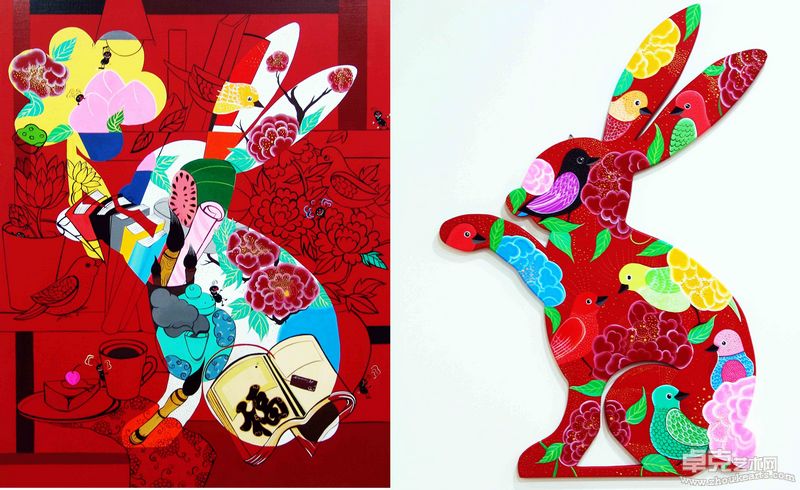兔子里的文房四友图90.9x72.7cm 布面丙烯 2011年（左)兔子里鸟儿的歌 80x65cm 综合材料 2011年(右)