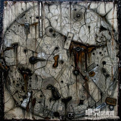 ＜地球脑 ＞，100x100cm ， 粗帆布铅笔油彩金属木板等