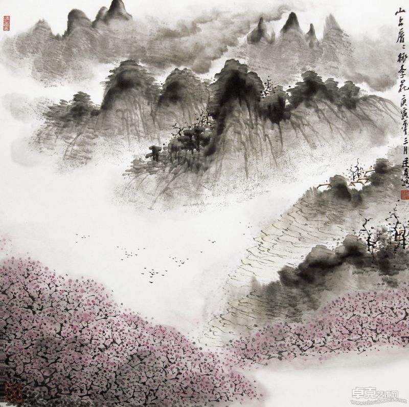 山上層層桃李花  68X68cm