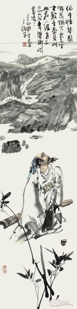 贺玉龙 伯牙悟琴图136X34cm