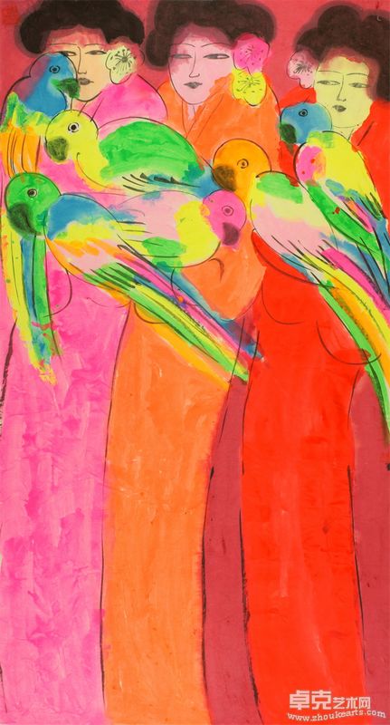 丁雄泉 红色三美与鹦鹉183x91cm  1980年代 水墨丙烯宣纸