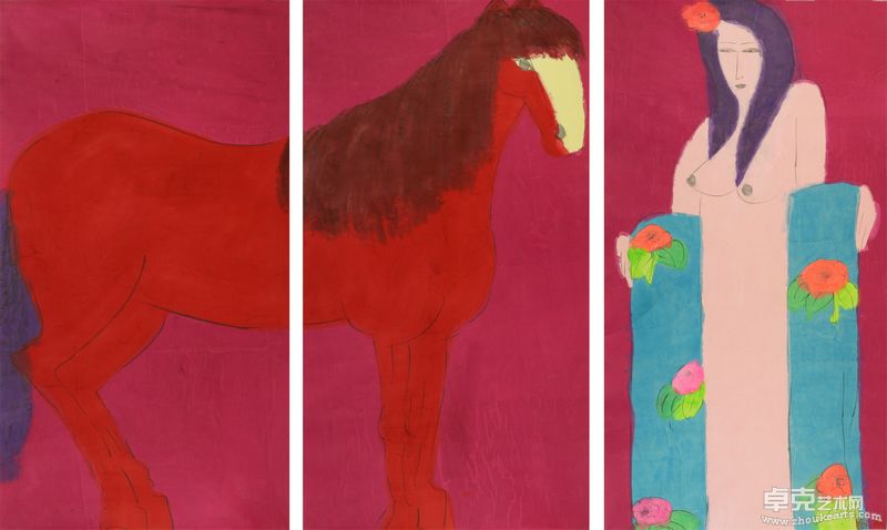 丁雄泉 裸女红马三联屏 183x91cm x 3 1980年代 水墨丙烯宣纸