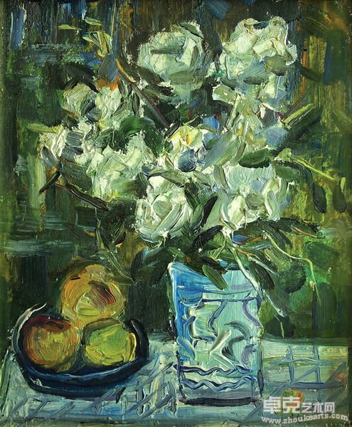 NOR-063-U-瓶花.水果静物Flowers and Fruits18x15cm画板油画Oil on Board1992_resiz