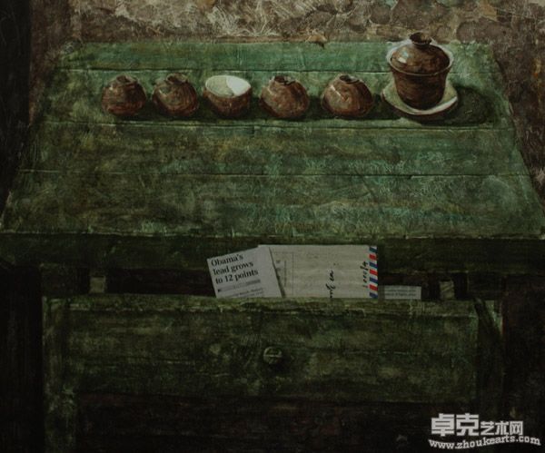 梁浩，《茶具与白色标签1》  54 x54 水彩
