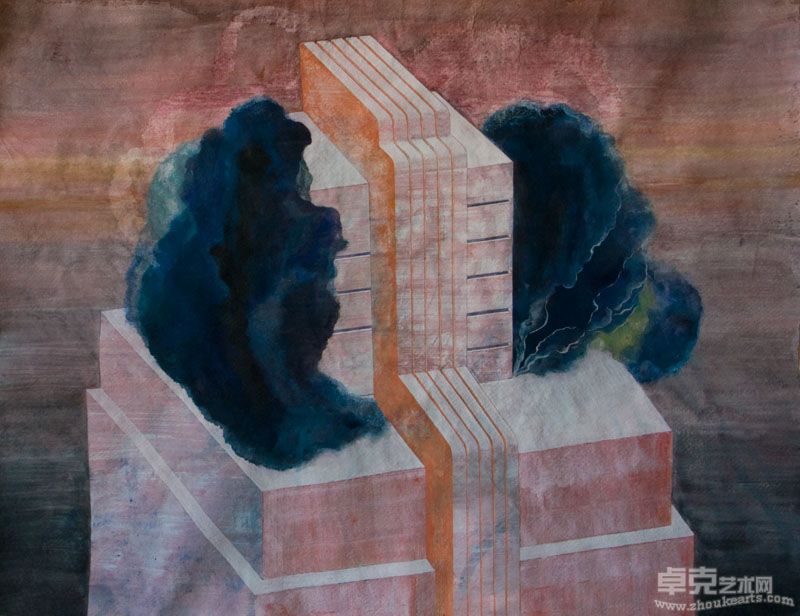 George Chang 章森 _ Pink Rooftop粉色屋顶 44 x 57 cm  Gouache on paper水粉 2009