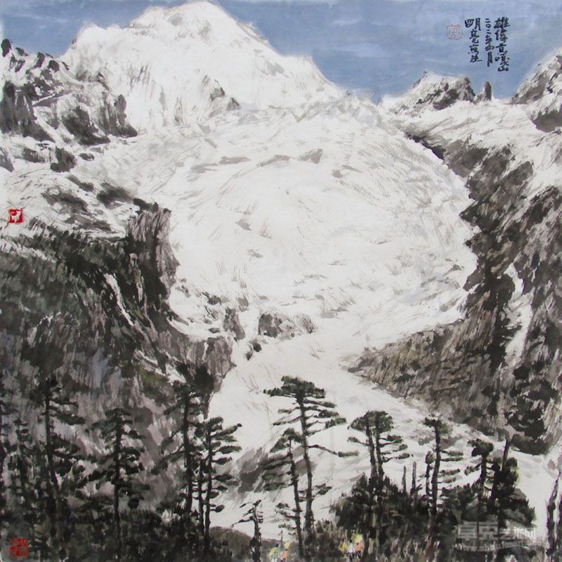 周明亮 雄伟贡嘎山写生 水墨纸本 68X68cm 2011年