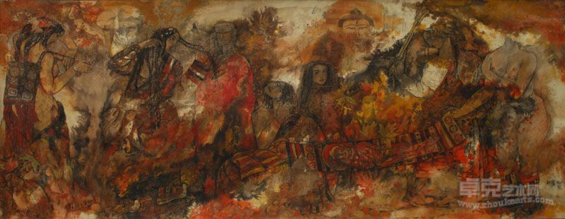 梦回秋岸  106x272cm  布面岩彩 1995年 李知宝