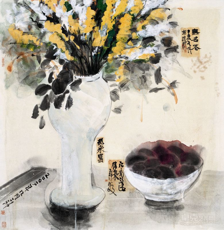 谢海 龙泉的瓶子和无名的花 纸本绢版 55cm×55cm 2012