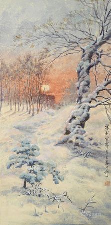 《寒林雪霁》胡粹中，水彩