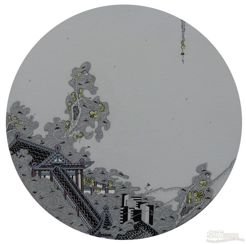 张亚－《询五柳》NO1，直径50CM，布面丙烯，2012