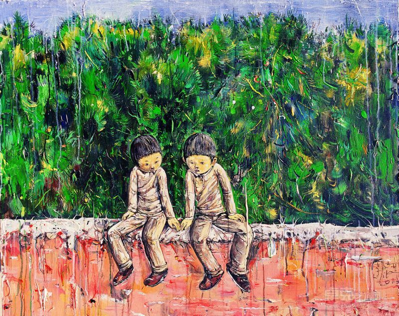 李继开作品-两个少年 Two youths 100×80cm.布面丙烯 Acrylic on canvas 2011