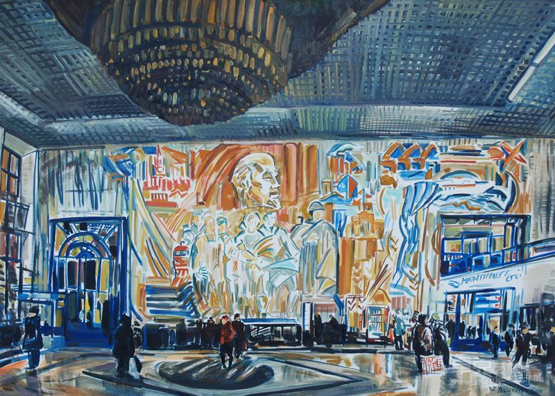 Main Hall of Moscow rail station in Nizhni Novgorod (2011), Oil on canvas, 100 cm x 140 cm 诺夫哥罗德的莫斯科火车站大厅，布上油画，100 cm x 140 cm，2011