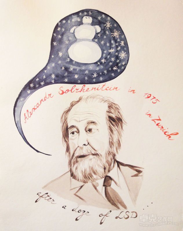 Alpine Overdose, Alexander Solzhenitsyn (2010), gouache, paper, 30 х 42 cm  阿尔卑斯山上的吸毒过量，亚历山大•索忍尼辛，水粉画，纸，30 х 42 cm，2010