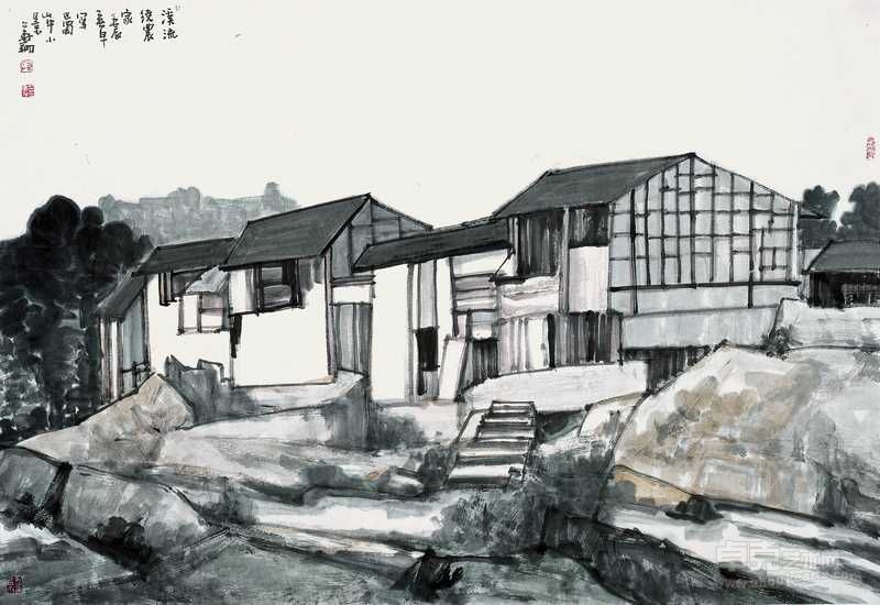 溪流绕农家  69cm×101cm