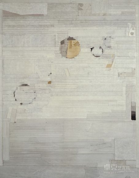 梁铨，当下之二，水墨，色，茶汁，宣纸拼贴于亚麻布，155×105cm，2010