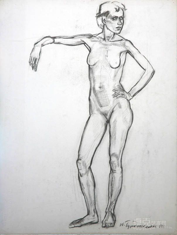 布尔哲良-站立裸女66.5X50.7cm碳铅笔素描