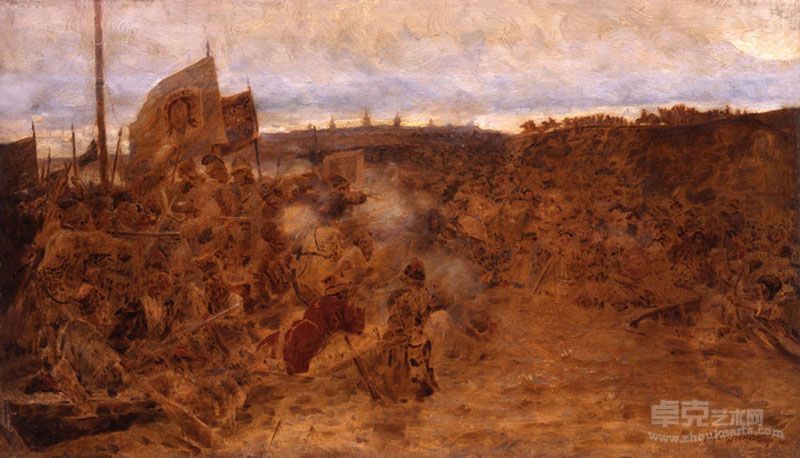 04-AUC-085-苏里科夫Surikov-叶尔马克征服西伯利亚(草图)Yermark's Conquest of Siberia(Draft)36X63cm纸面油画Oil on Paper