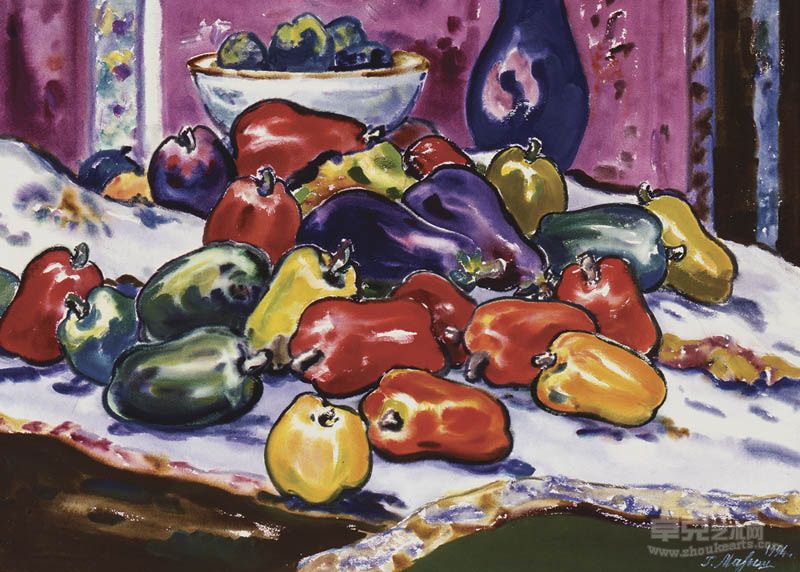 MAL0002L-马雷斯Malysh青椒和茄子 Green peppers and eggplants57x77cm纸板水彩Watercolor on pasteboard1994
