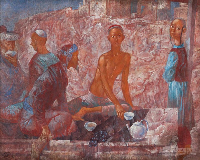 07-AUC-104-L彼得罗夫-沃德金Vodkin撒马尔罕的一家茶馆Chaikhana in Samarkand51.5x62.5cm布面油画Oil on Canvas1921