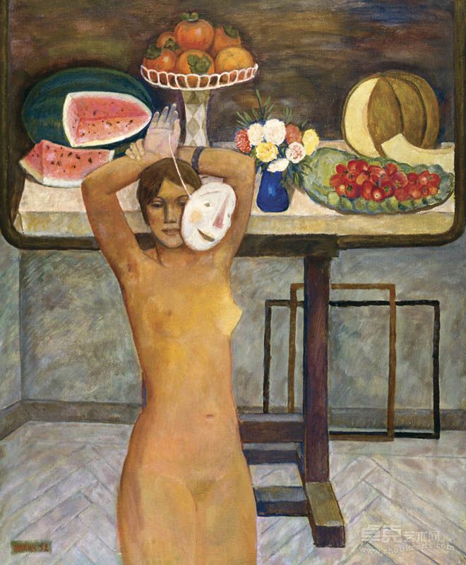 NKC0014L-尼基奇Nikitsch持有面具的裸女Naked Girl with a Mask 120X100cm布面油画Oil on Canvas1992