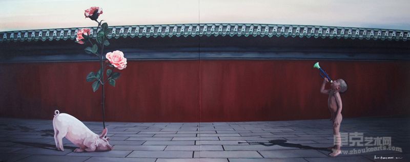 黄海清《红墙》 布面油画 400x150cm 2012