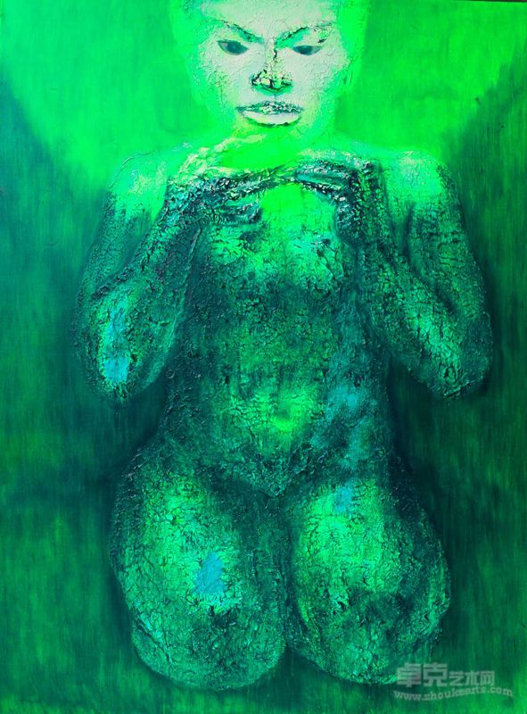 作品名称  光的膜拜  作品尺寸 200X150X7CM  作品材质 塑形膏 丙烯 创作年代 2011