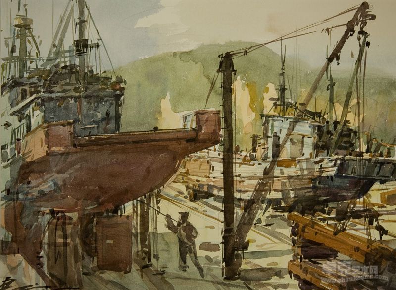 赵云龙《老铁山修船厂》58x76cm