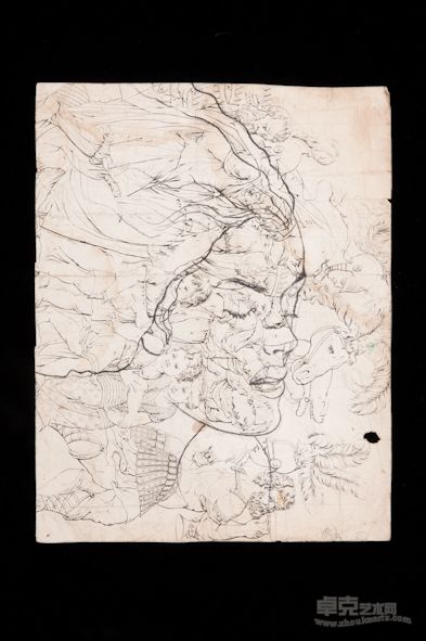 素描系列7，铅笔、炭笔、古老纸张， 55x45 cm, 2011 年