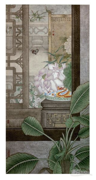 荷花窗外听雨声 130X64