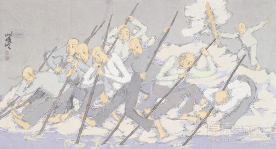 《行舟》李晓柱 纸本设色 90  ×180 2012年