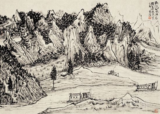 《秋江山水渔乐》崔东湑 纸本水墨 72×100 2011年