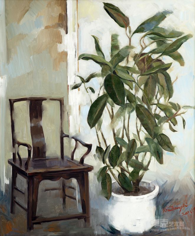 李小争油画《官帽椅与枇杷树》（120-99.4厘米，2011）